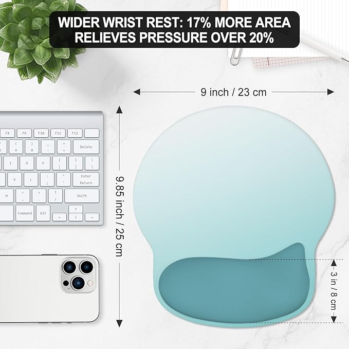 ITNRSIIET Ergonomic Mouse Pad with Wider Memory Foam Wrist Rest +17%, Curved Cushion Reduces Pressure 20%, Pain Relief, Non-Slip, Smooth, Cute Color Desk Accessory, 9.85 x 9 inch, Light Green Gradient