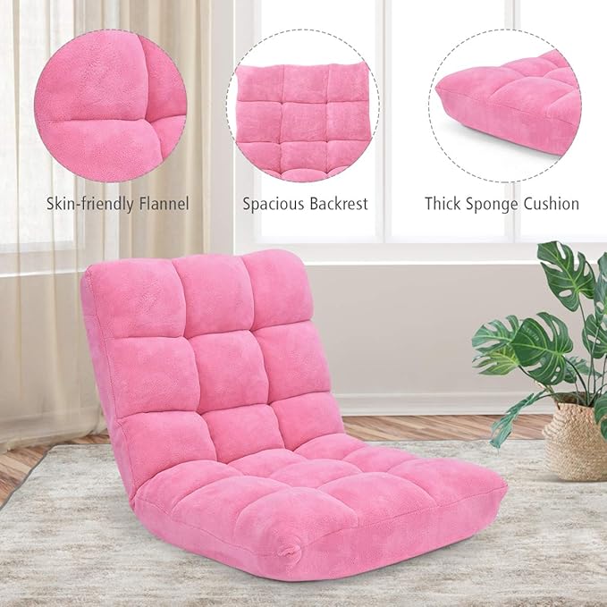 Floor Folding Sofa Chair 14-Position Adjustable Folding Couch Sleeper Bed Couch Gaming Recliner for Living Room Bed Room (Pink)