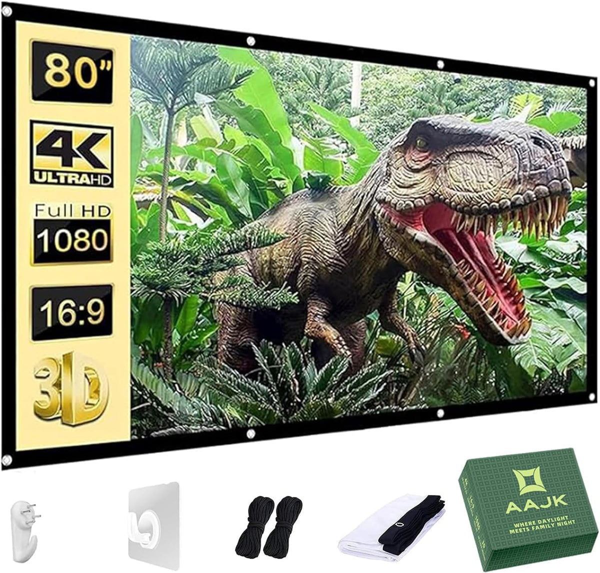 AAJK 80 inch 16:9 Projector Screen, Washable Projector Screen Foldable Anti-Crease Portable Projector Movies Screen