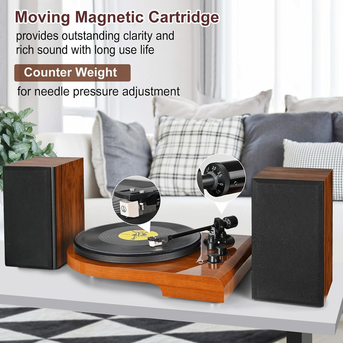 Vinyl Record Player with Bluetooth Input Output,Turntable with Built-in Preamp,USB Recording,Speed Adjustment,Counterweight and Moving Magnet Stylus,Upgraded Single-Platter Design (No Sub-Platter)