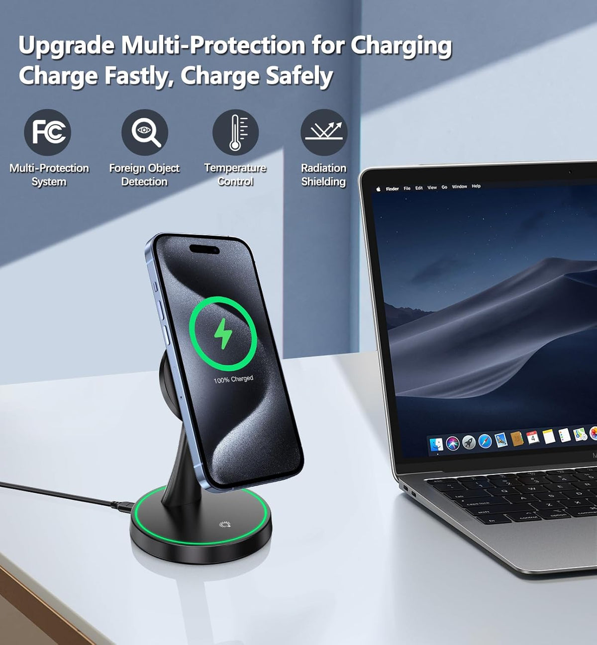 Magnetic Wireless Charger Stand 15W Fast Mag-Safe Charger for iPhone 16/16 Pro/16 Plus/16 Pro Max/15/14/13/12 Series Magnet Wireless Charging Station/Pad with Sleep-Friendly Light for AirPods