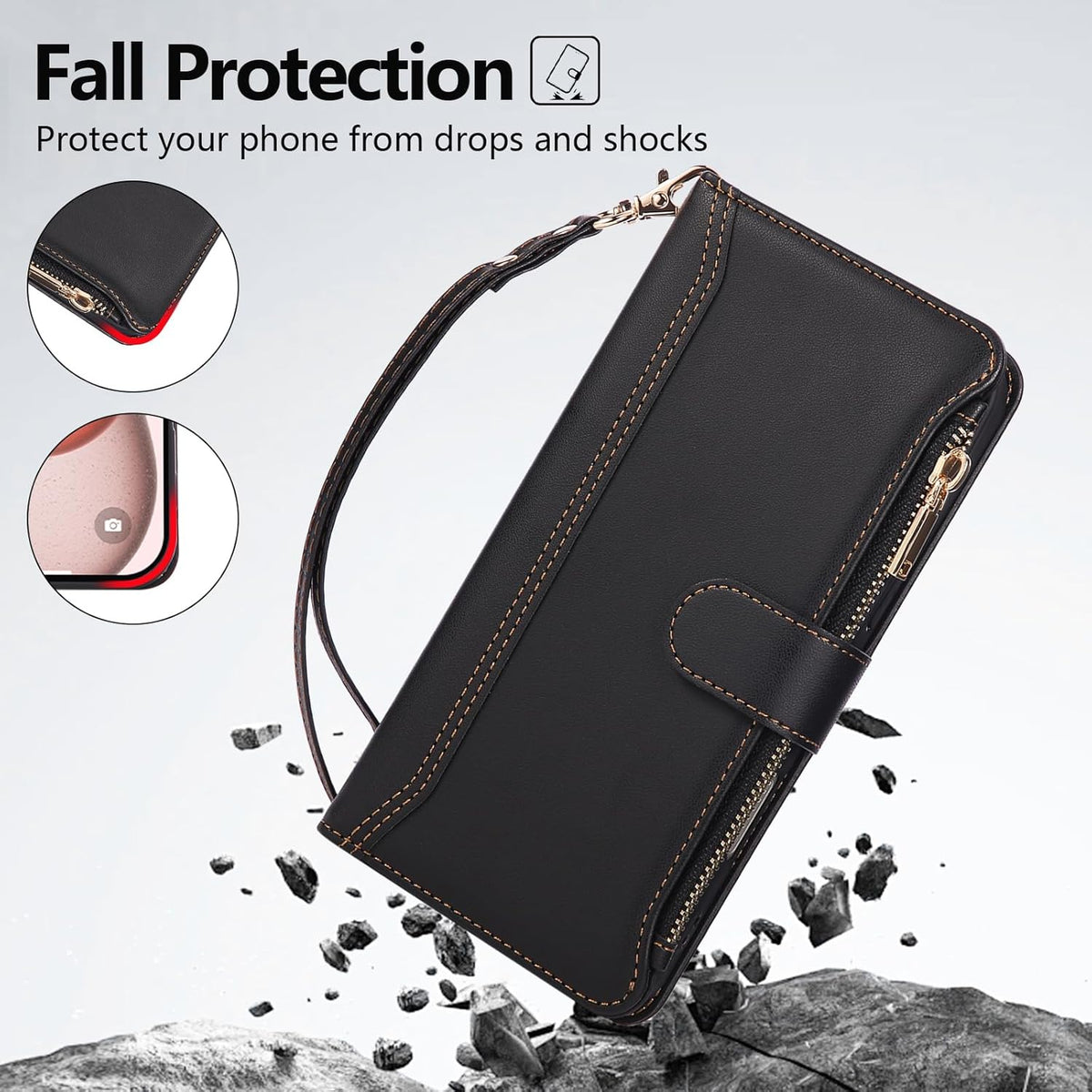 Compatible with iPhone 16 Wallet Phone Case-PU Leather Magnetic Flip Cover with Credit Card Slots,Zipper Pocket & Detachable Wrist Strap,Shockproof Design,for Women and Men-Black