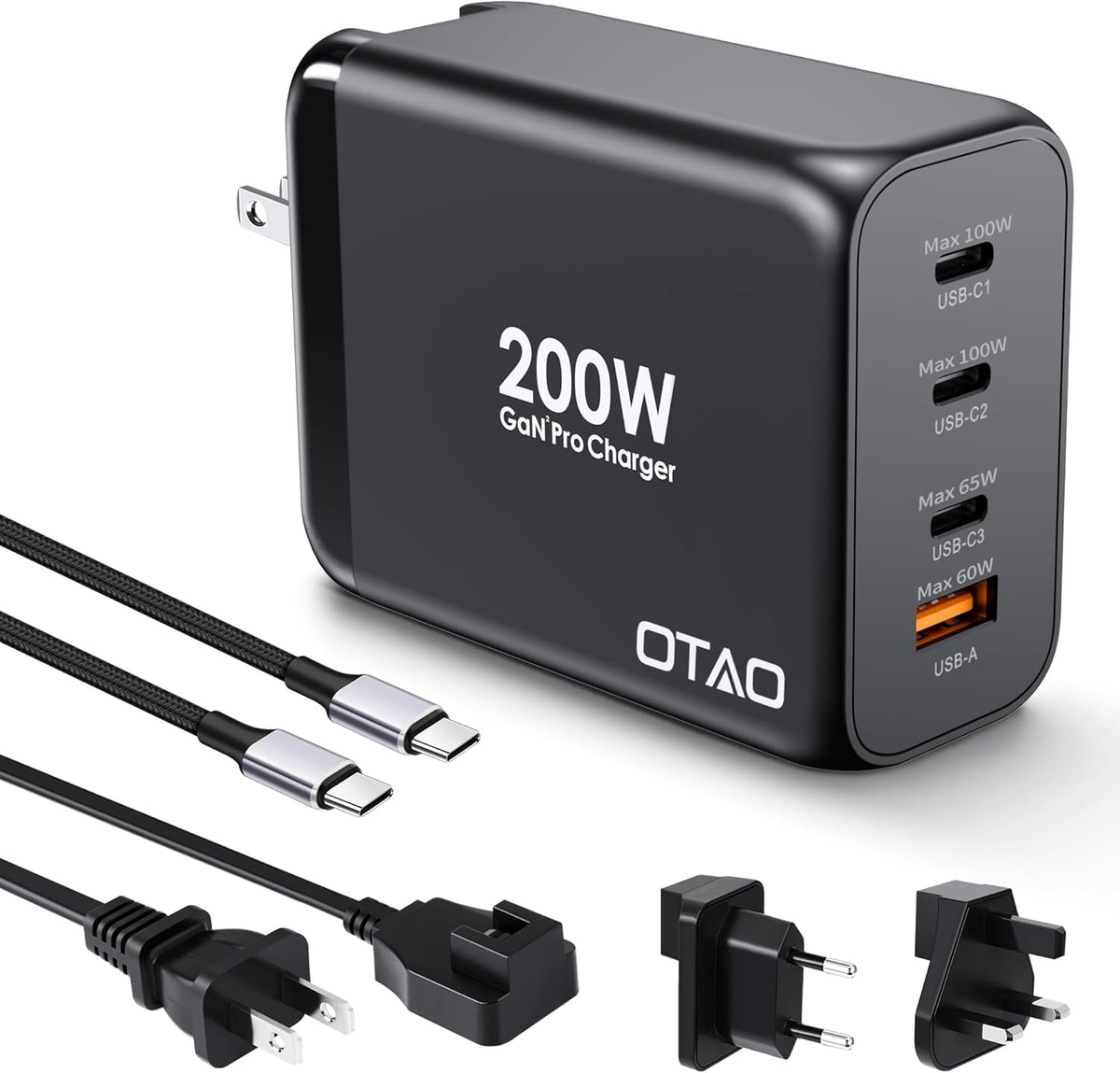 200W USB C Charger Block, 4 Ports GaN Fast Charging Station Wall Charger, PD3.0 PPS 100W QC3.0 65W Power Station Travel Adapter with AC Cord UK/EU Plug for MacBook Pro/Ai/iPhone 15/14/13/ S24
