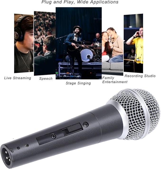 Wired Dynamic Microphone Cardioid Moving Coil Handheld Microphone Set with Shock Absorber for Active Speakers Mixers Amplifiers Low Latency Plug and Play Mic (Black)