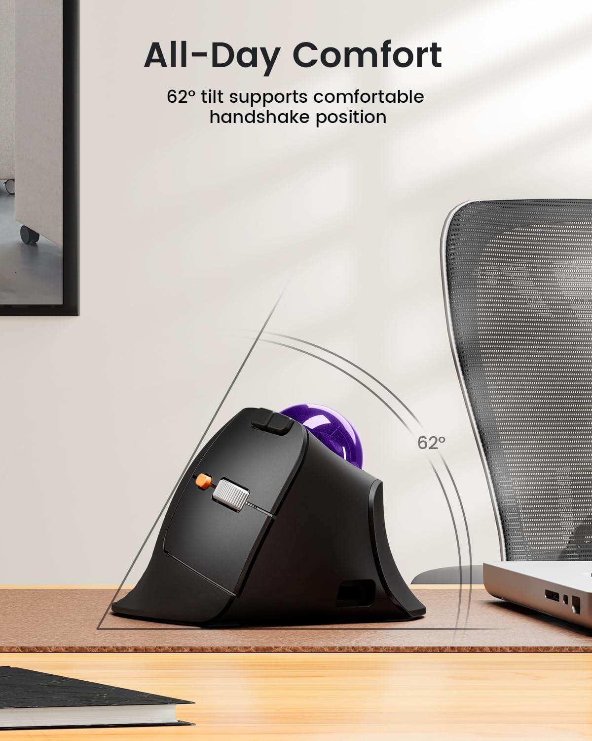 ProtoArc Vertical Wireless Trackball Mouse, EM05 NL Bluetooth Ergonomic Rollerball Mouse Rechargeable Computer Laptop Thumb Mice, 3 Device Connection, Compatible with iPad, Mac, Windows, PC-Purple