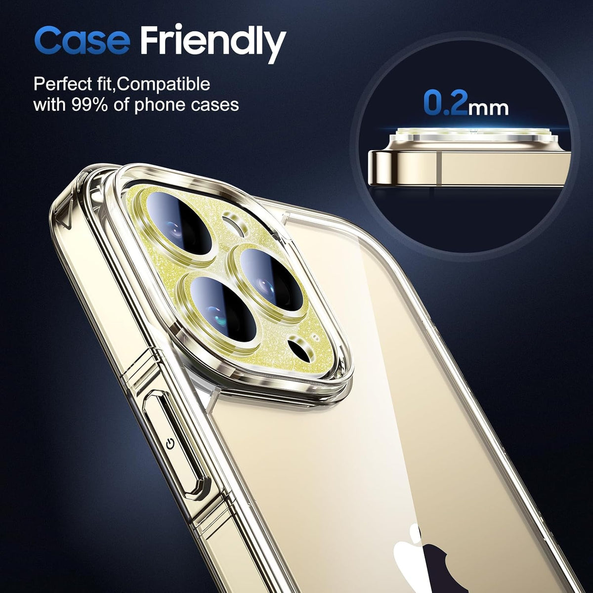 UniqueMe 3 Packs Compatible for iPhone 13 Pro Max/iPhone 13 Pro Camera Lens Protector Acrylic [Not Glass],[Case Friendly][Scratch-Resistant][Night Shooting Mode]-Glitter Golden