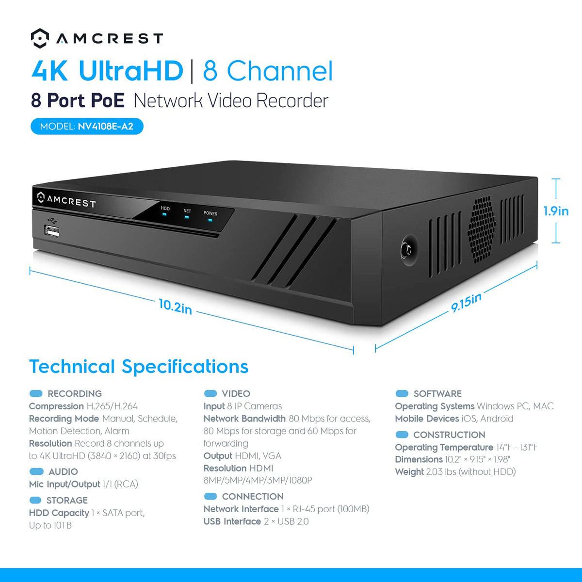 Amcrest 4K POE Security Camera System with 4K 8Ch PoE NVR (4) x 8 Megapixel Turret IP POE Cameras (3840x2160) Pre Installed 2TB Hard Drive