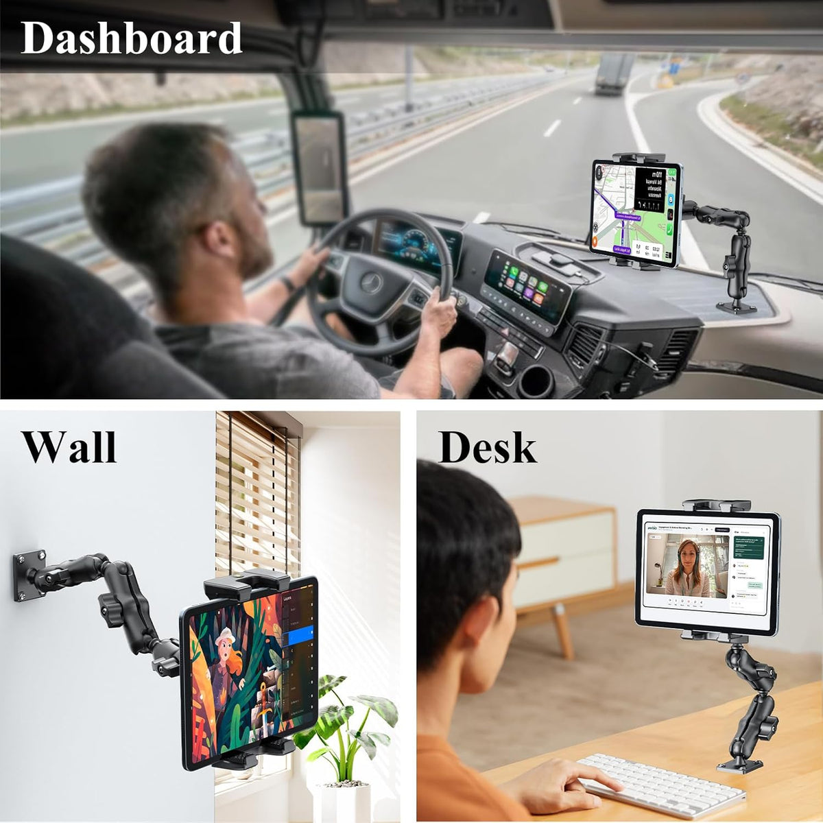 OHLPRO Heavy Duty Drill Base Tablet Mount Holder, 360° Adjustable iPad Mount Truck Dashboard, 3-Stage Stand for 5-13" iPad Pro Air Mini Galaxy Tab Switch, Tablet Vehicle for Car Wall Desk