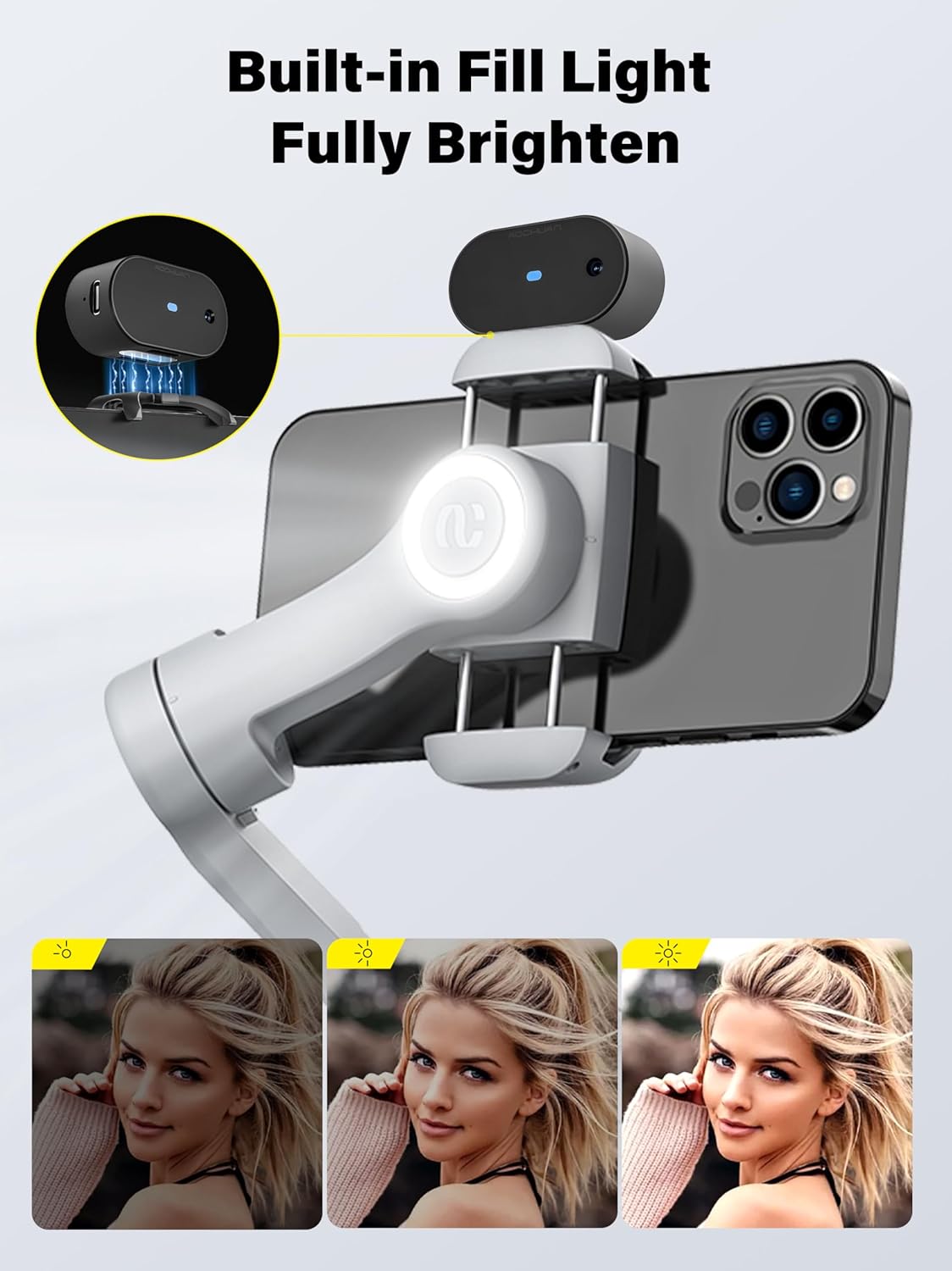 Gimbal Stabilizer for Smartphone AI Tracking(No App), 3-axis Gimbal with OLED Display/Built-in Light, Stabilizer for iPhone&Android, AOCHUAN X Pro Grey AI Version