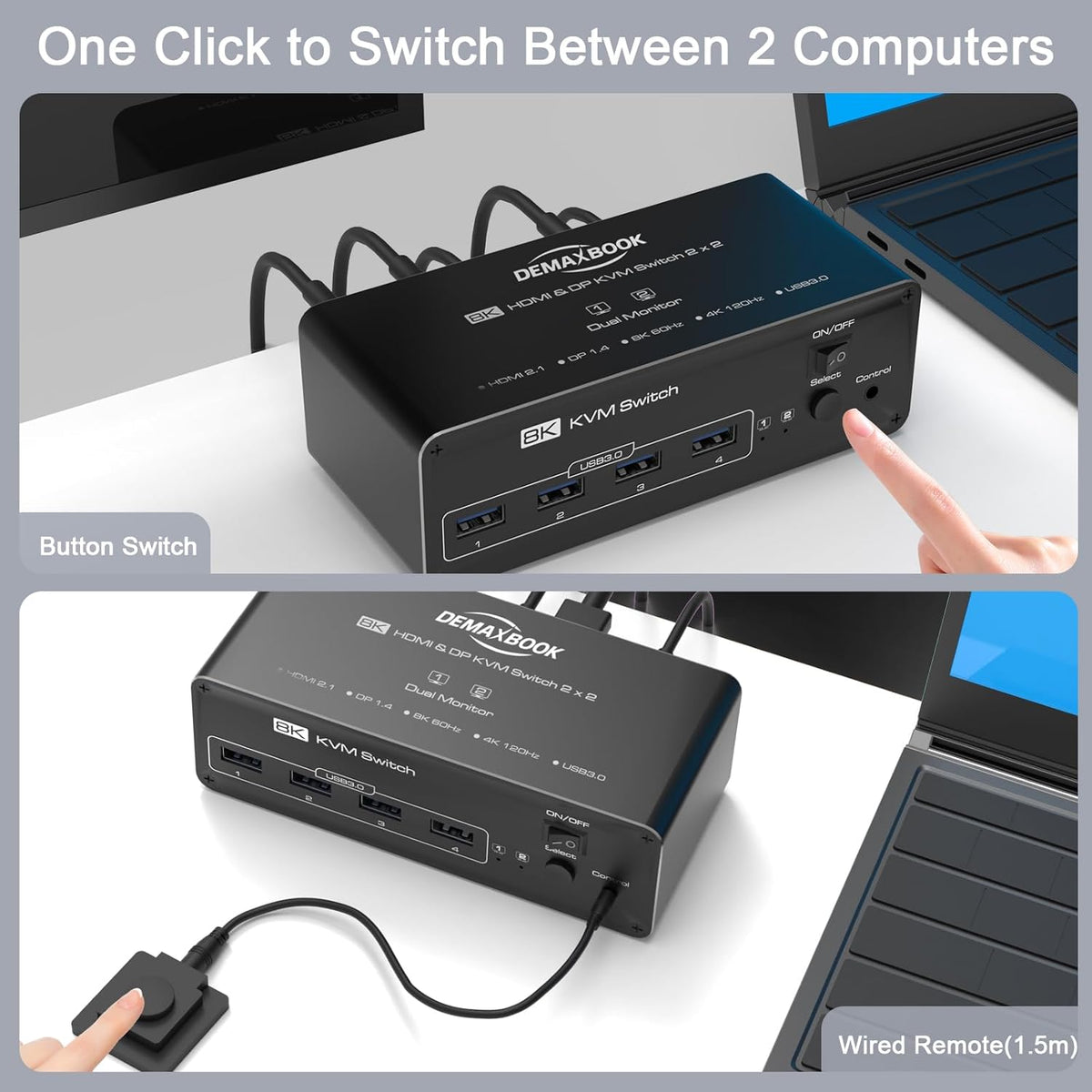 DEMEXBOOK Dual Monitor HDMI Displayport KVM Switch 2 Monitors 2 Computers 8K@60Hz/4K@144Hz,2 Computers Share 2 Monitors,USB 3.0 Ports,Extended/Copy Mode Support,2 USB Cables,Remote Control Included