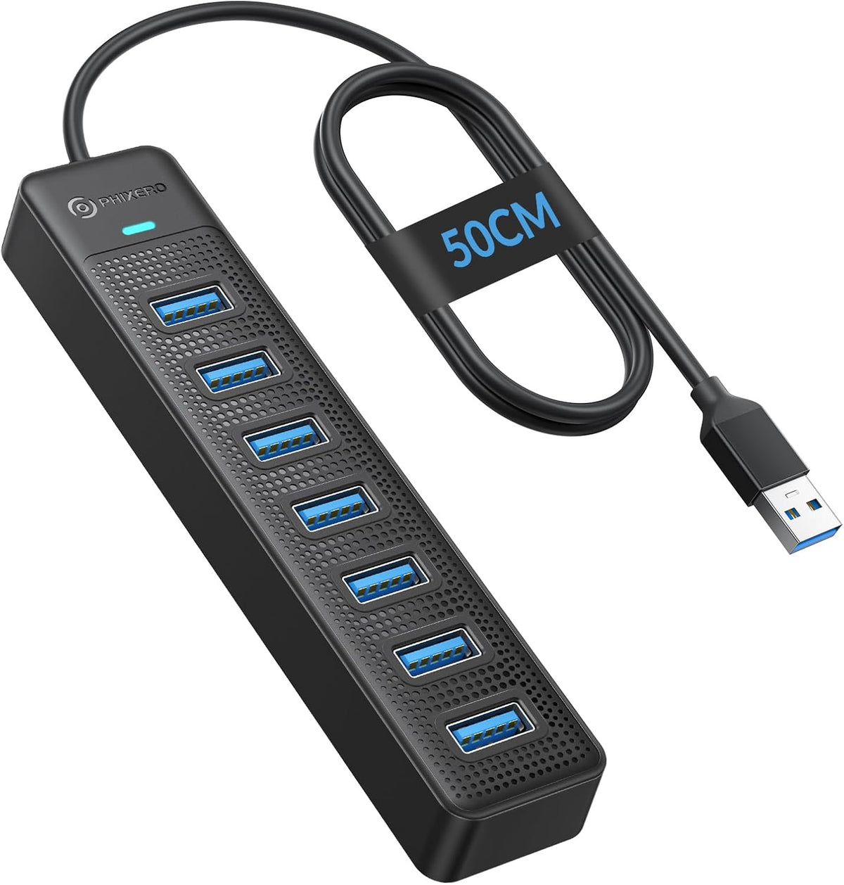 PHIXERO 7 Port USB Hub 3.2 with 1.6FT/50CM Long Cable, Multiport Adapter and Splitter for PC, Compatible with All USB 3.2/2.0/1.1 Devices