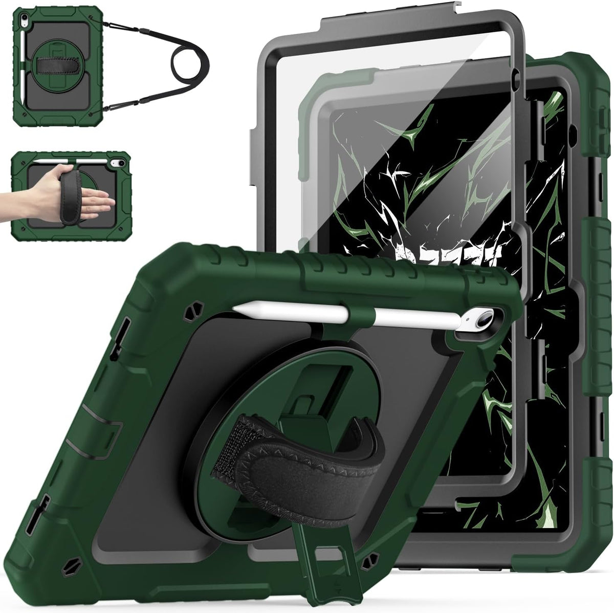 Cantis Case for iPad 11-inch (A16) 2025/ iPad 10th Generation 2022 (10.9 inch) with Screen Protector, iPad 11th Case with 360 Degree Rotating Stand/Shoulder Strap/Pencil Holder, Alpine Green