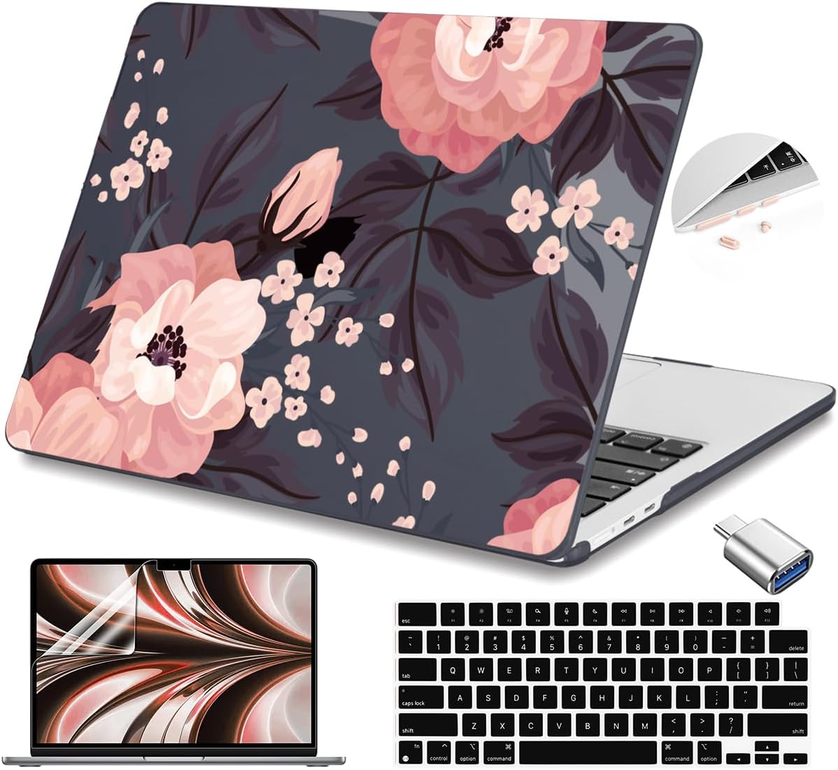 Teryeefi Compatible with M4 MacBook Air 13 inch Case 2025 2024 2023 2022 M3 M2 A3240 A3113 A2681,Hard Shell Case for MacBook Air 13.6 inch + Keyboard Cover + Type C Adapter, Wild Roses Small Flower