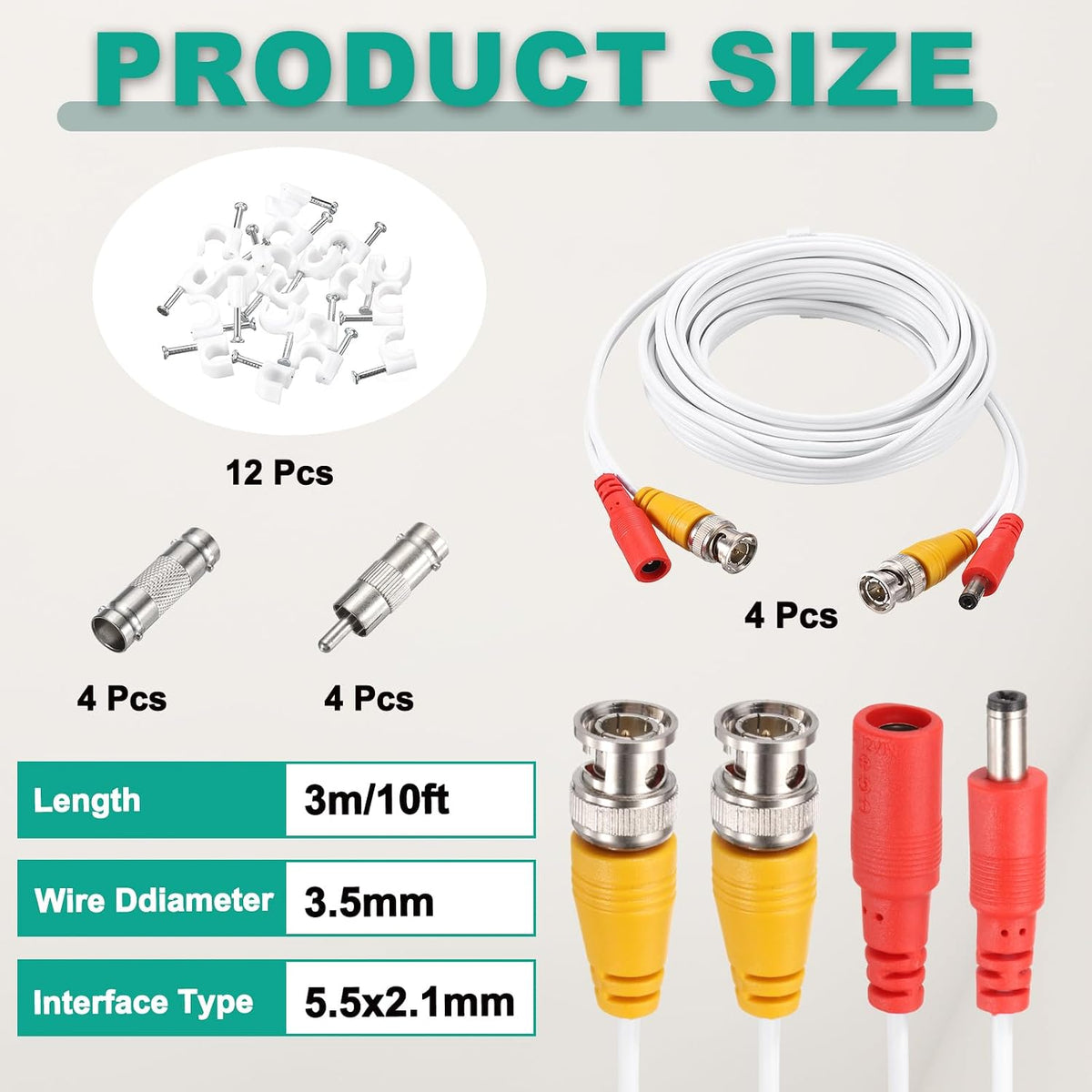 Cable,3m/10ft Cord,4 Set MECCANIXITY BNC Video Power All-in-One Security Camera Wire Cord DC Extension Wire for CCTV