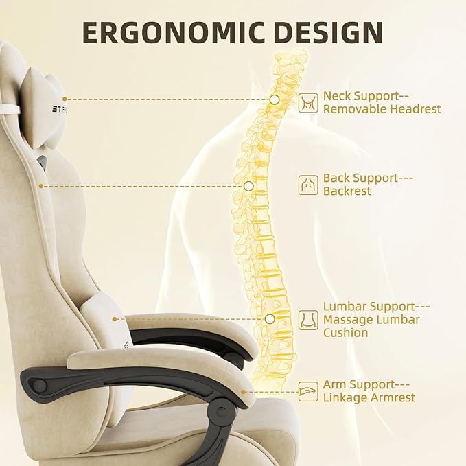 Ferghana Velvet Fabric Gaming Chair High Back Ergonomic Gamer Chair for Adult Comfortable Video Game Chair with Footrest and Massage Lumbar Cushion Racing Reclining Office Computer Desk Chair Beige