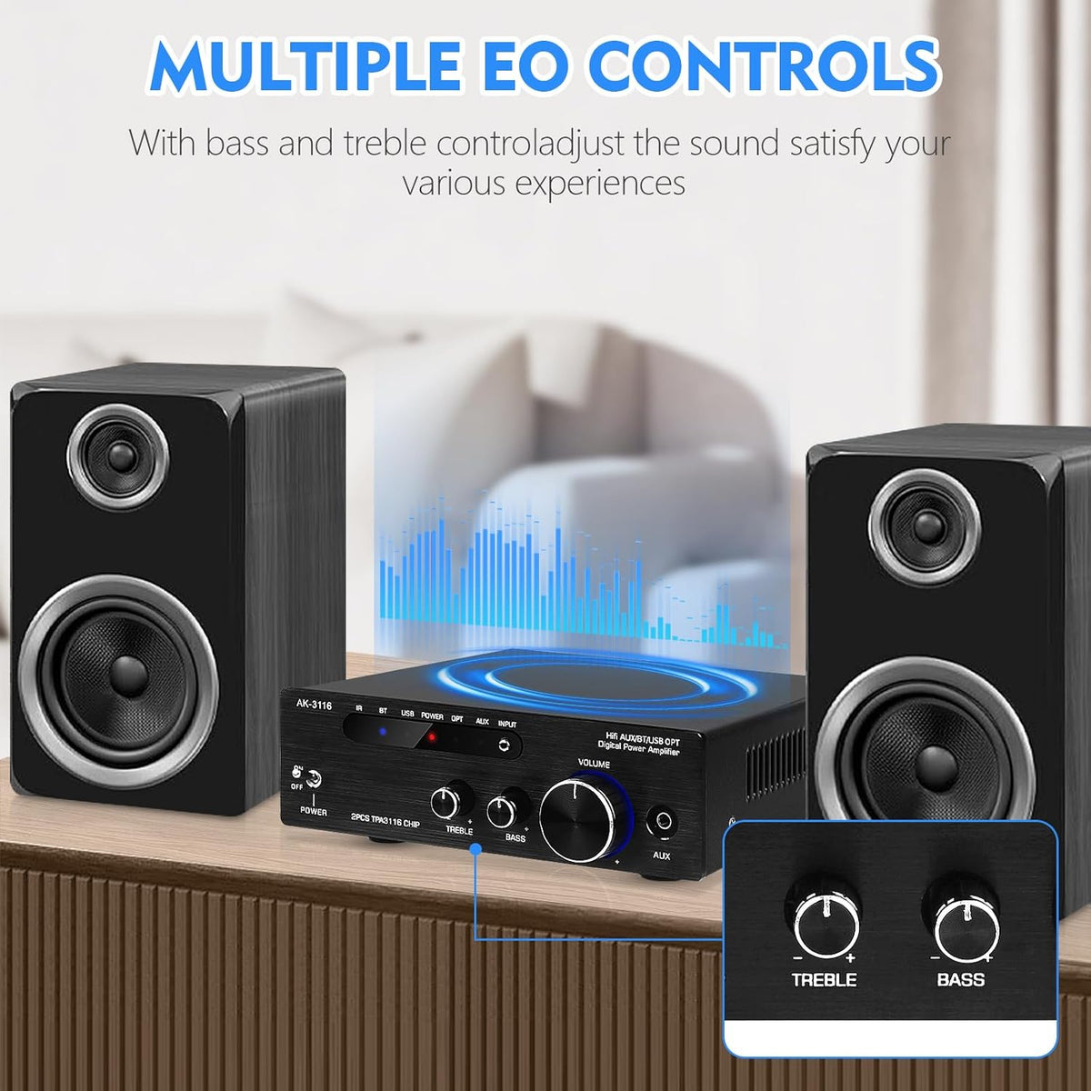 Amplifier Home Audio,Stereo Receiver Bluetooth 5.0 Power amp 100W x2 Wireless HiFi Stereo Class D Digital 2 Channel Integrated with Bass Treble Control for Passive Speakers