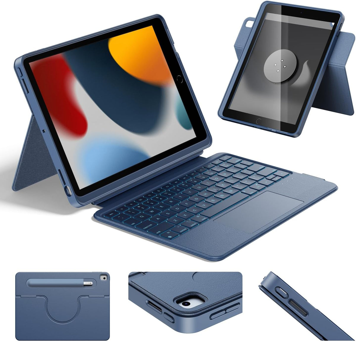 HOU Combo Keyboard Case for iPad 9th Generation (10.2", 2021)/8th Gen/7th Gen/iPad Air 3/Pro 10.5 Multi-Touch Trackpad,7 Color Backlight,Rotatable & Detachable,Portrait/Landscape Modes,Navy Blue