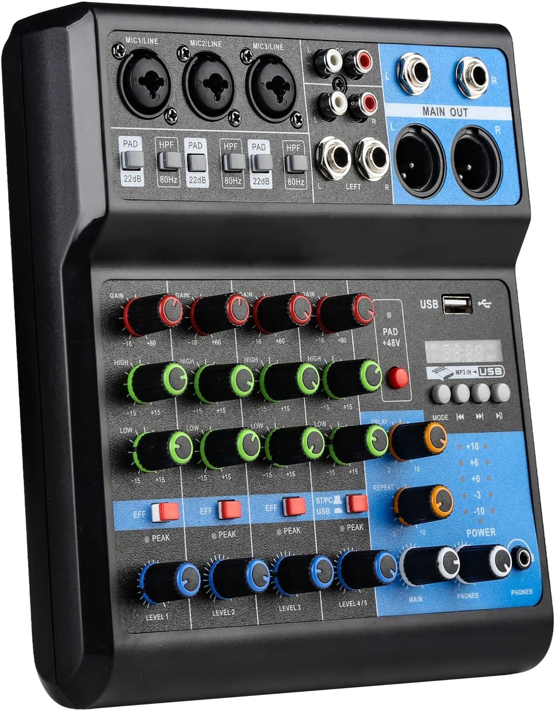 Dj Mixers 5 Channel Audio Mixer Sound Board with Bluetooth, Usb Audio Interface with 48V Phantom Power Sounds Mixer Board with FX Reverb Delay Effect for Streaming