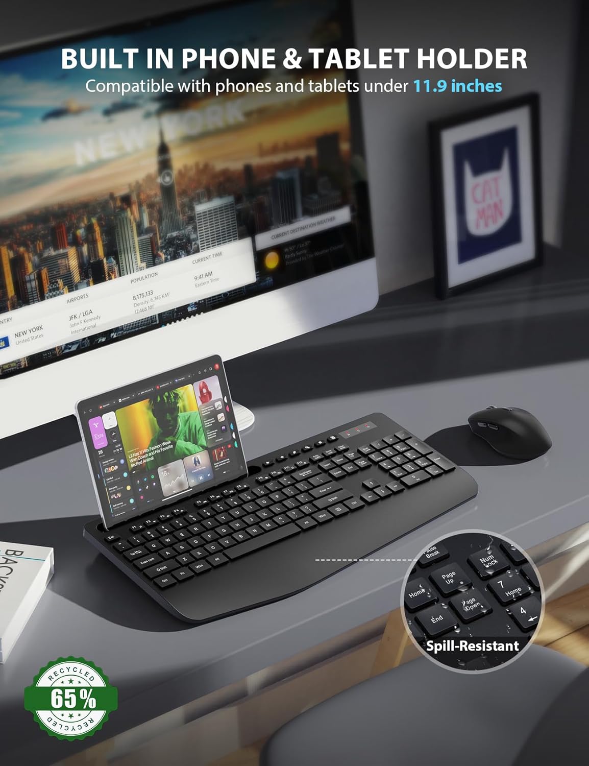 Wireless Keyboard and Mouse Combo - Full-Sized Ergonomic Keyboard with Wrist Rest, Phone Holder, Sleep Mode, Silent 2.4GHz Cordless Keyboard Mouse Combo for Computer, Laptop, PC, Mac, Windows -Trueque