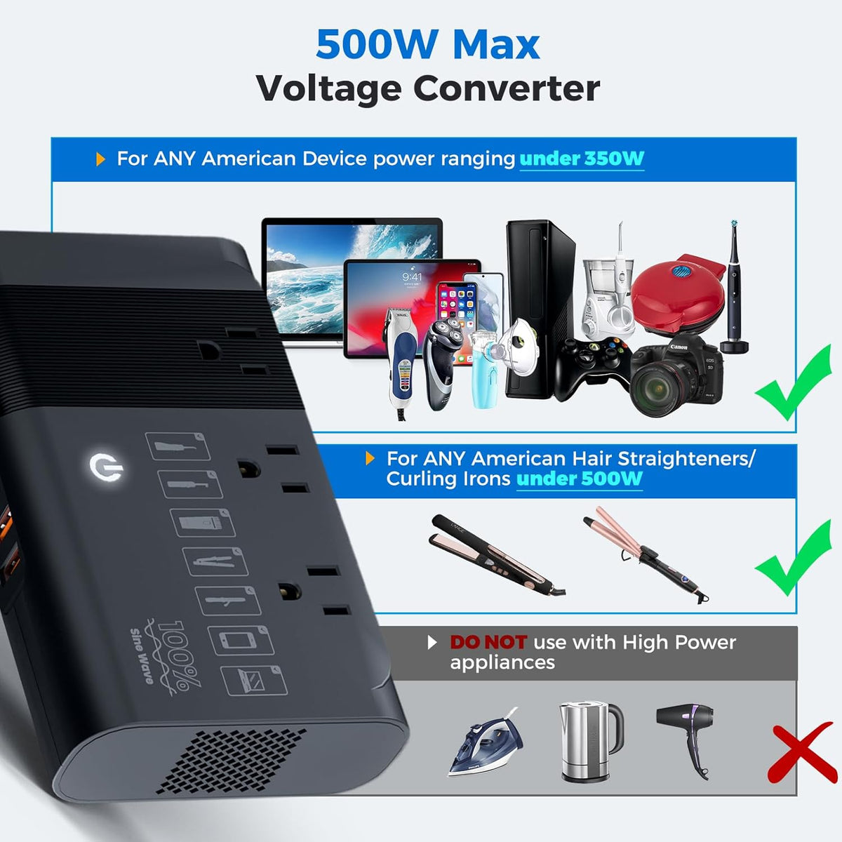500W Pure Sine Wave Voltage Converter US to Europe, 220V to 110V Converter for European Travel, Power Converter Adapter Combo PD for CPAP Hair Straightener Cruler Shaver Toothbrush Laptop Camera Phone