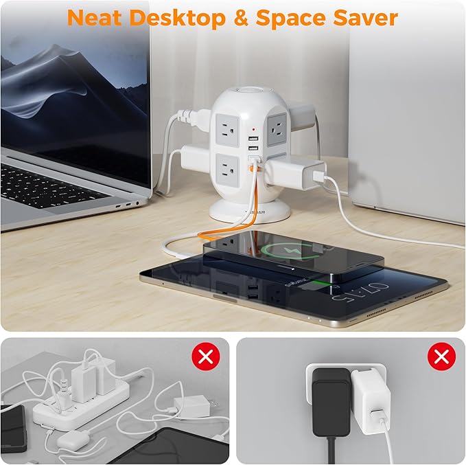 TESSAN Tower Power Strip 10 ft, Long Flat Extension Cord，Multiple Outlets
