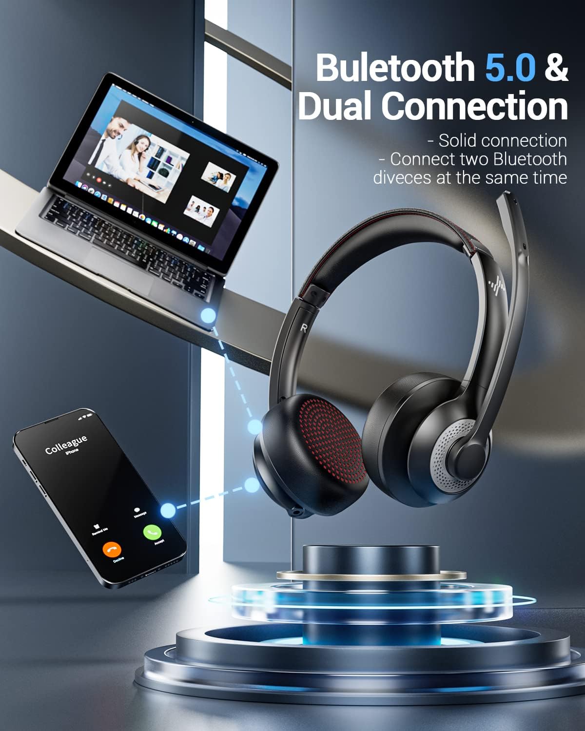 Wireless Headset with AI Noise Cancelling Microphone Bluetooth Headset - Bluetooth V5.2 Headphones with USB Dongle & Mic Mute for Computer/Laptop/PC/iPhone/Android/Cell Phones