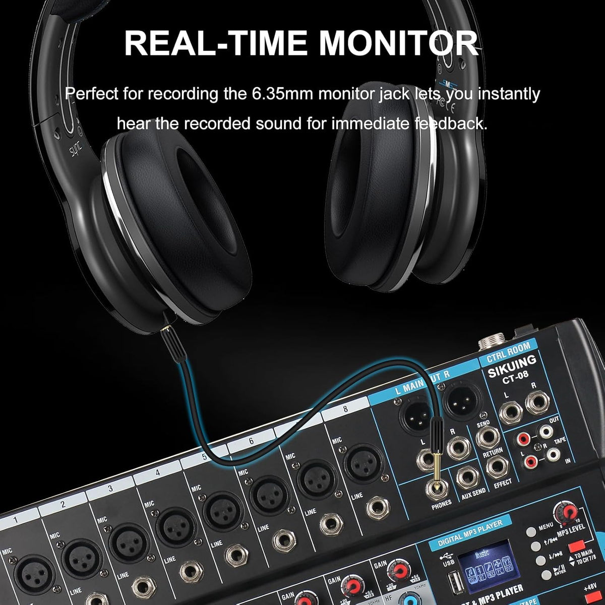 8 Channel Audio Mixer Sound Board Mixer 16 DSP Effect Audio Interfacer w/USB Drive for Computer Recording, 48V Power, XLR Microphone Jack DJ Mixer for Karaoke Studio Streaming Recording