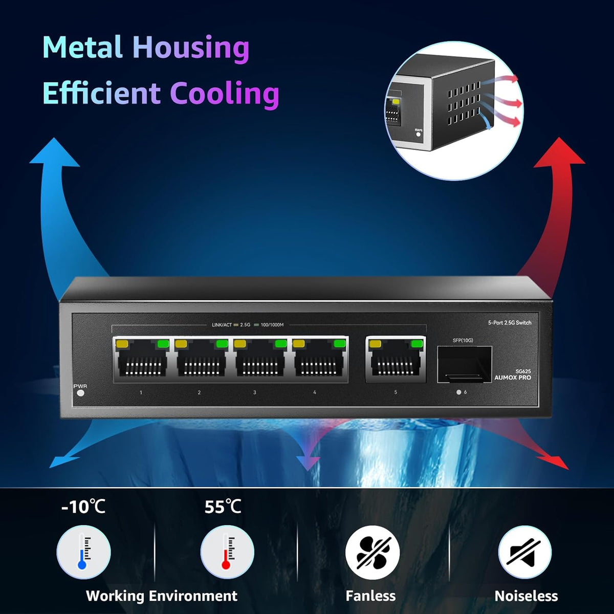 6 Port 2.5Gb Unmanaged Ethernet Switch with 5* 2.5G Base-T Ports, 1*10G SFP Ports, AUMOX PRO 60Gbps Switching Capacity Compatible with 100/1000/2500Mbps Plug and Play