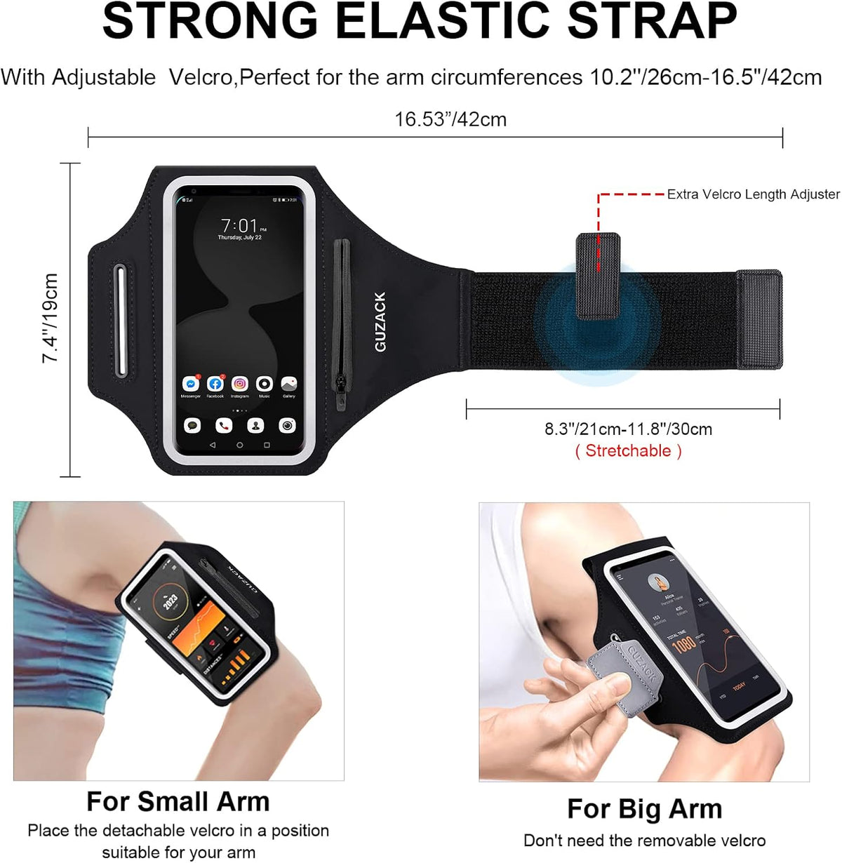 GUZACK Phone Holder for Running with Zipper Pouch, Running Armband for iPhone 16 Pro/15/14/13/12/11 Pro Max/Plus/XR/XS, Galaxy S25/S24/S23/S22, Cell Phone Arm Holder with Key Pocket & Card Slot