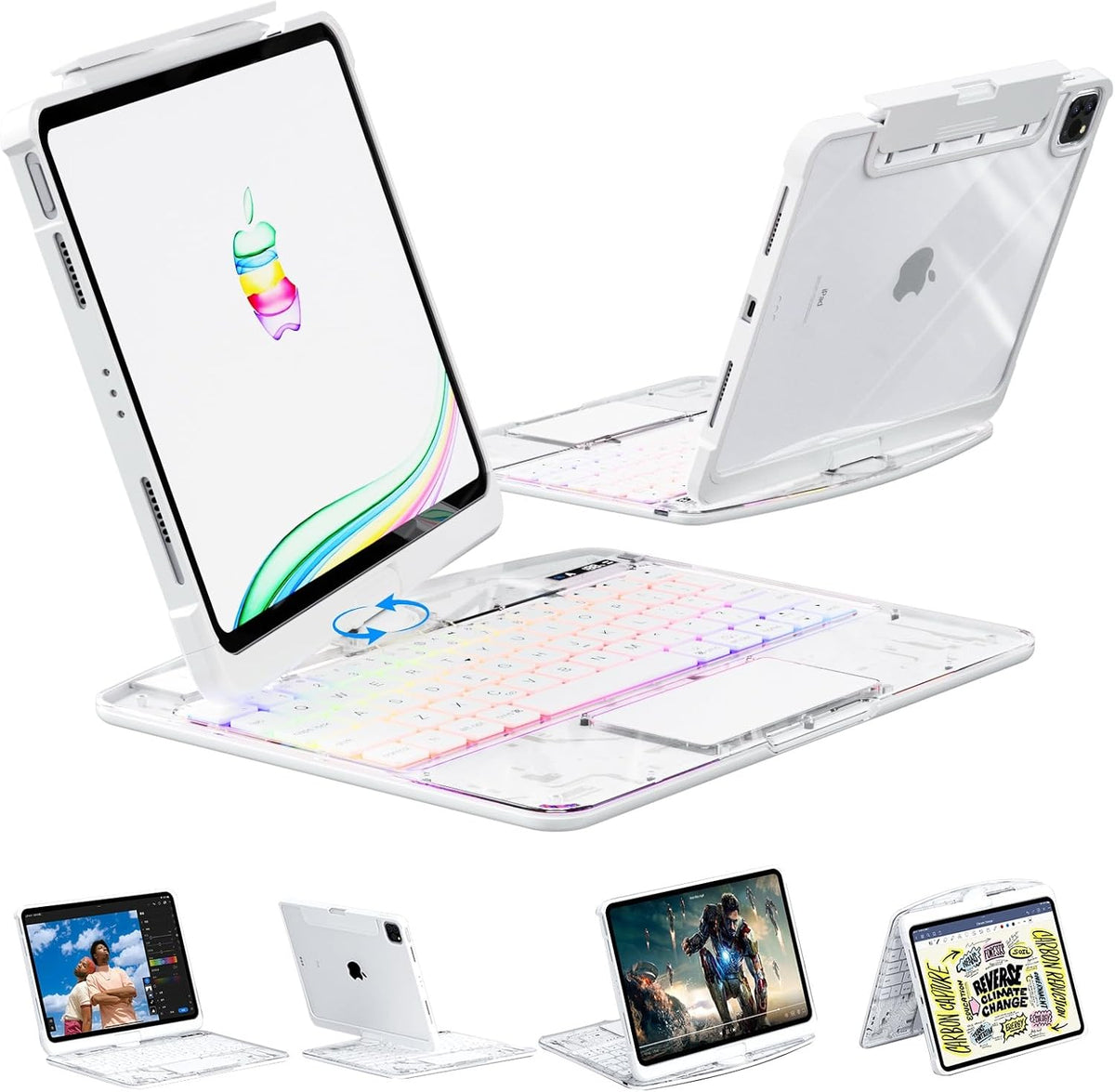 KARTICE Transparent 360 for iPad Keyboard case with Wireless Keyboard for iPad 7/8/9th 10.2 inch, Multi-Touch Trackpad, 7 Color Backlight, 360° Rotating Stand with Pencil Holder