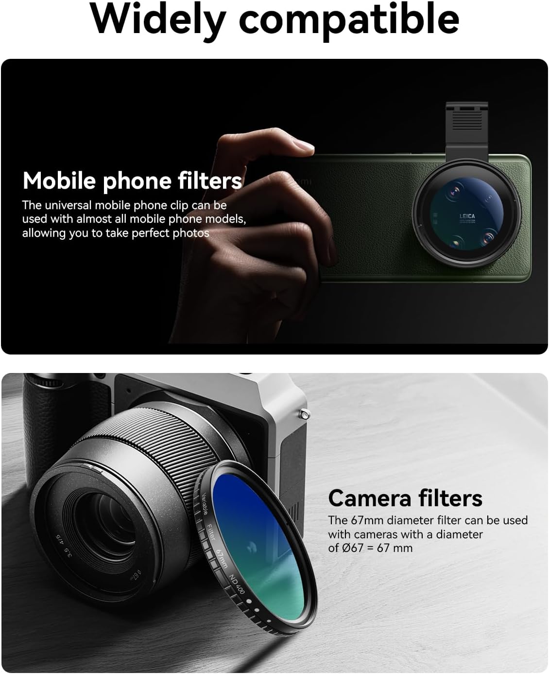 67mm Variable ND2-32 Filter for iPhone/DSLR - Cellphone Neutral Density Lens Attachment with Universal Clip, Compatible with iPhone 16/15/14/13 Pro Max, Samsung Galaxy, Huawei, etc.