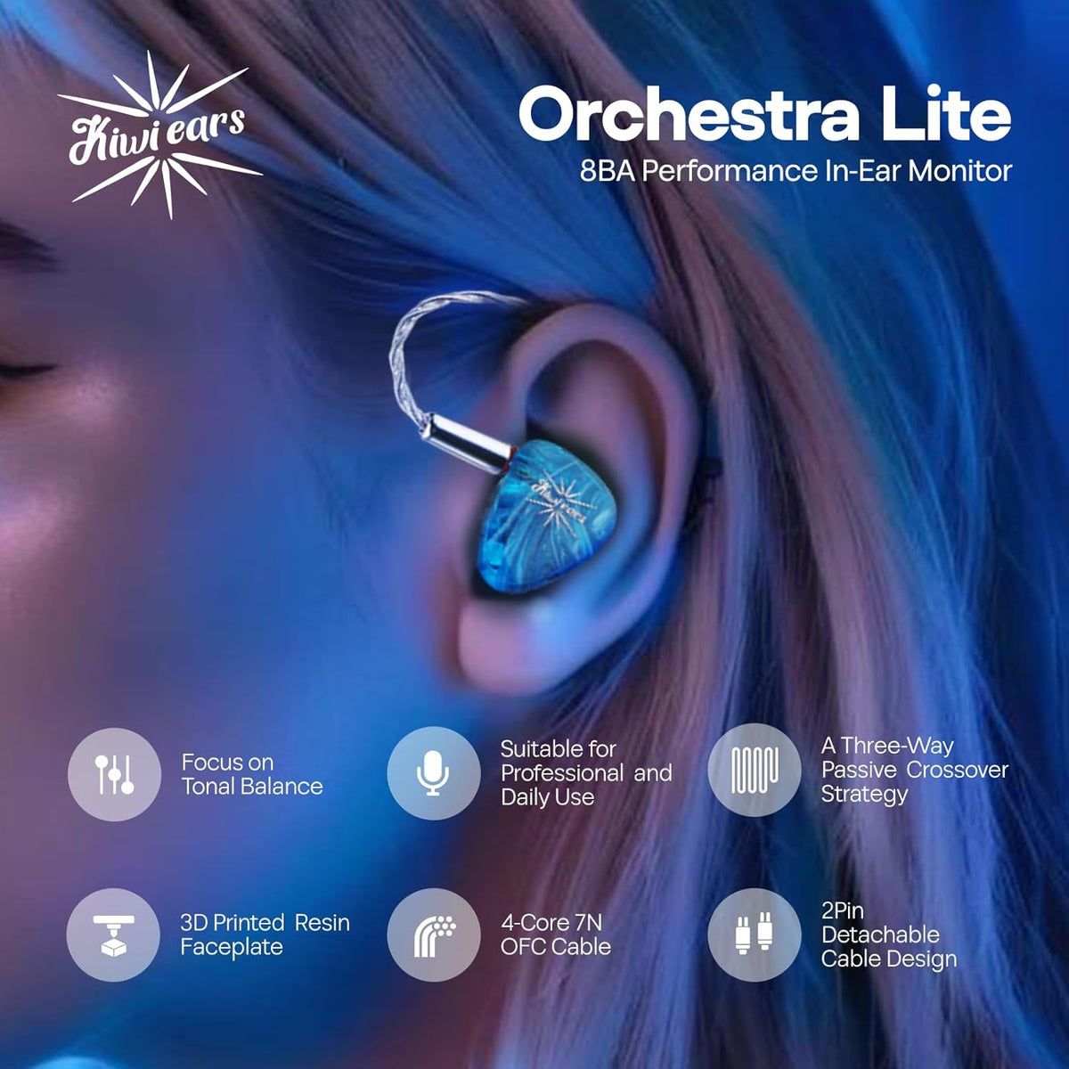 Linsoul Kiwi Ears Orchestra Lite Performance Custom 8BA in-Ear Monitor IEM with Detachable 4-core 7N Oxygen-Free Copper OFC Cable, Handcrafts Faceplate for Audiophile Studio Musician (Blue)