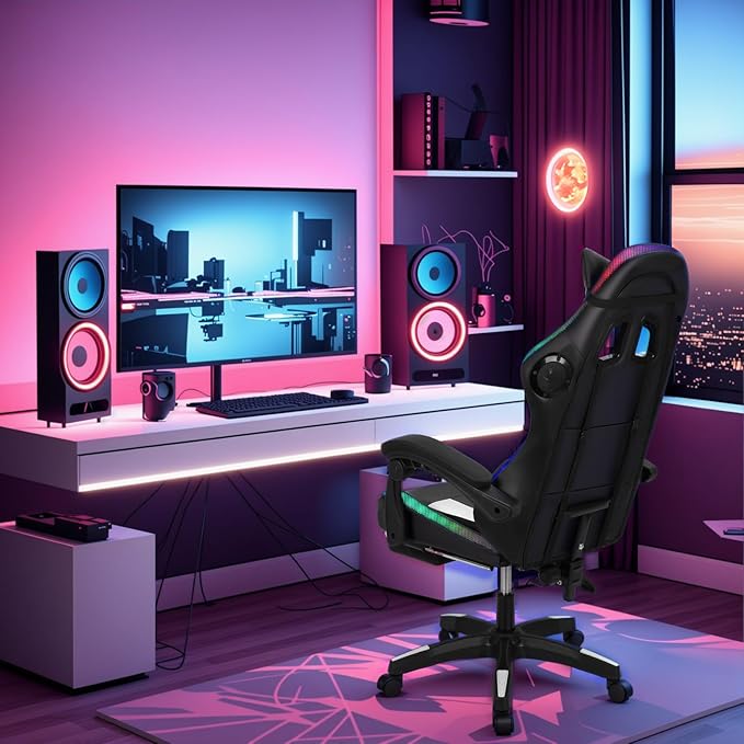 Gaming Chair Computer Chair with Footrest and Massage Lumbar Support Racing Executive Ergonomic Adjustable Swivel Task Chairs with Headrest and Lumbar Support (Black)