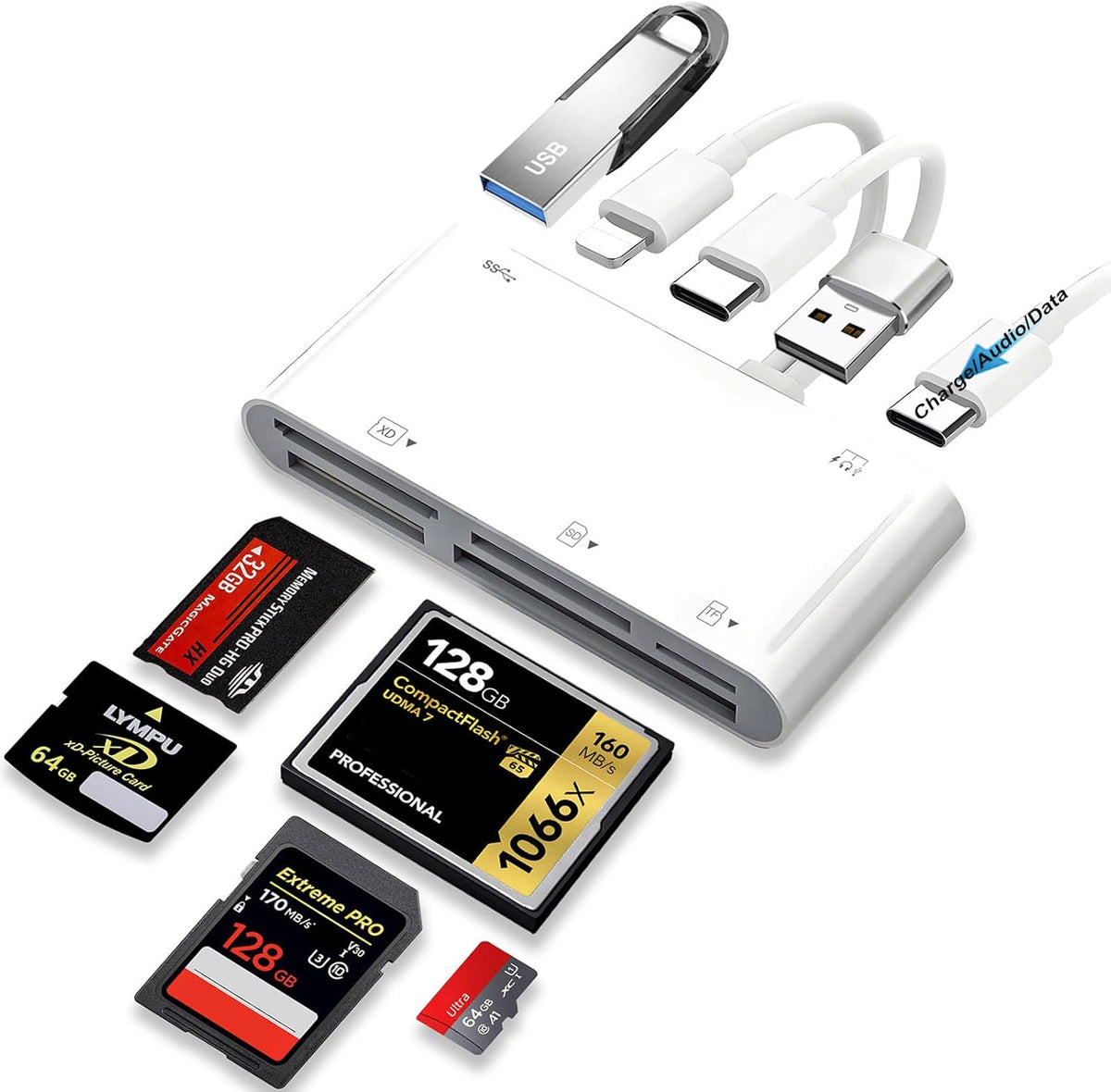 9-in-1 Memory Card Reader Universal Card Reader for iPhone/iPad, CF/SD/MicroSD/MS/XD Card Reader & USB OTG Adapter with USB/USB-C/Lightening Connector for iPhone 16/iPad Pro/Samsung Galaxy/MacBook etc