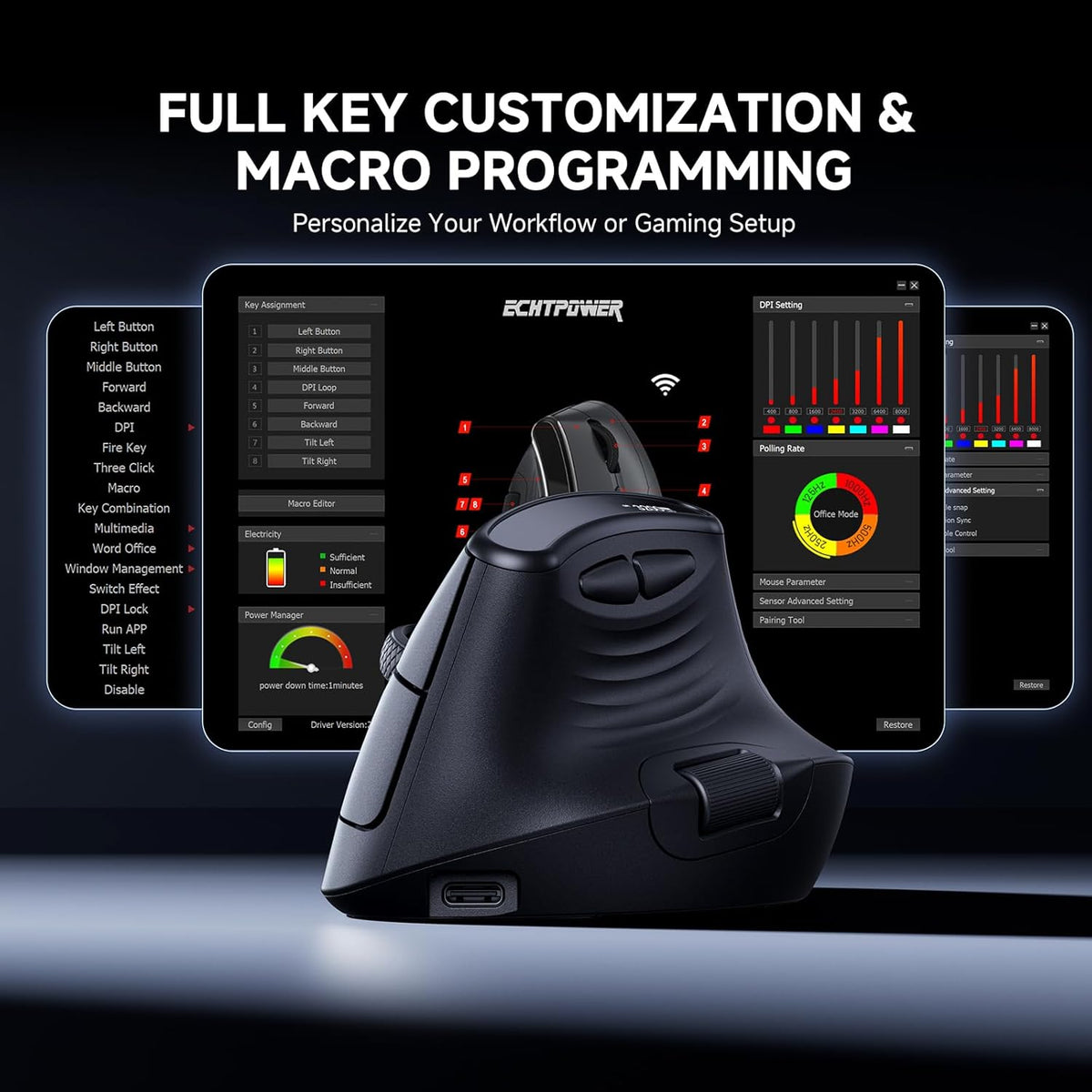 ECHTPower 7-Level 8000, Programmable Ergonomic Vertical Mouse, Wireless Rechargeable Mouse with LED Display, Adjustable