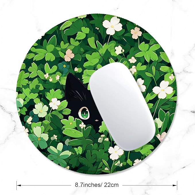 ITNRSIIET Round Mouse Pad with Stitched Edge Premium-Textured Waterproof Non-Slip Rubber Base Desktop Protection Mat Diameter 8.7 inches, Green Leave Cat
