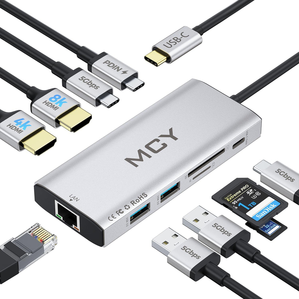 MCY USB C Hub,Laptop Docking Station Dual Monitor Single 8K,2x4K@60Hz,10 in 1 Type-C Multiport Adapter with 2 HDMI,PD100W,Extender Splitter,Card Reader,Ethernet Dock for Mac/Dell/HP/Surface/Steam Deck