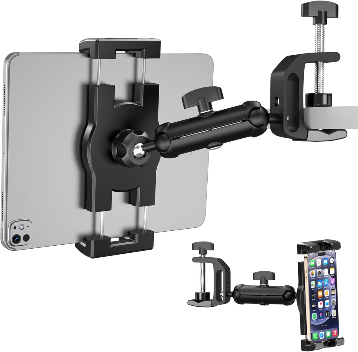 iPad Under Cabinet Mount, Kitchen Tablet Mount Holder, iPad Desk Mount w/Clamp, Aluminum Base&Metal Arm, 360° Rotation, Compatible with 4.7"-12.9" iPad Pro/Air/Mini/Kindles/Galaxy Tab/Phones