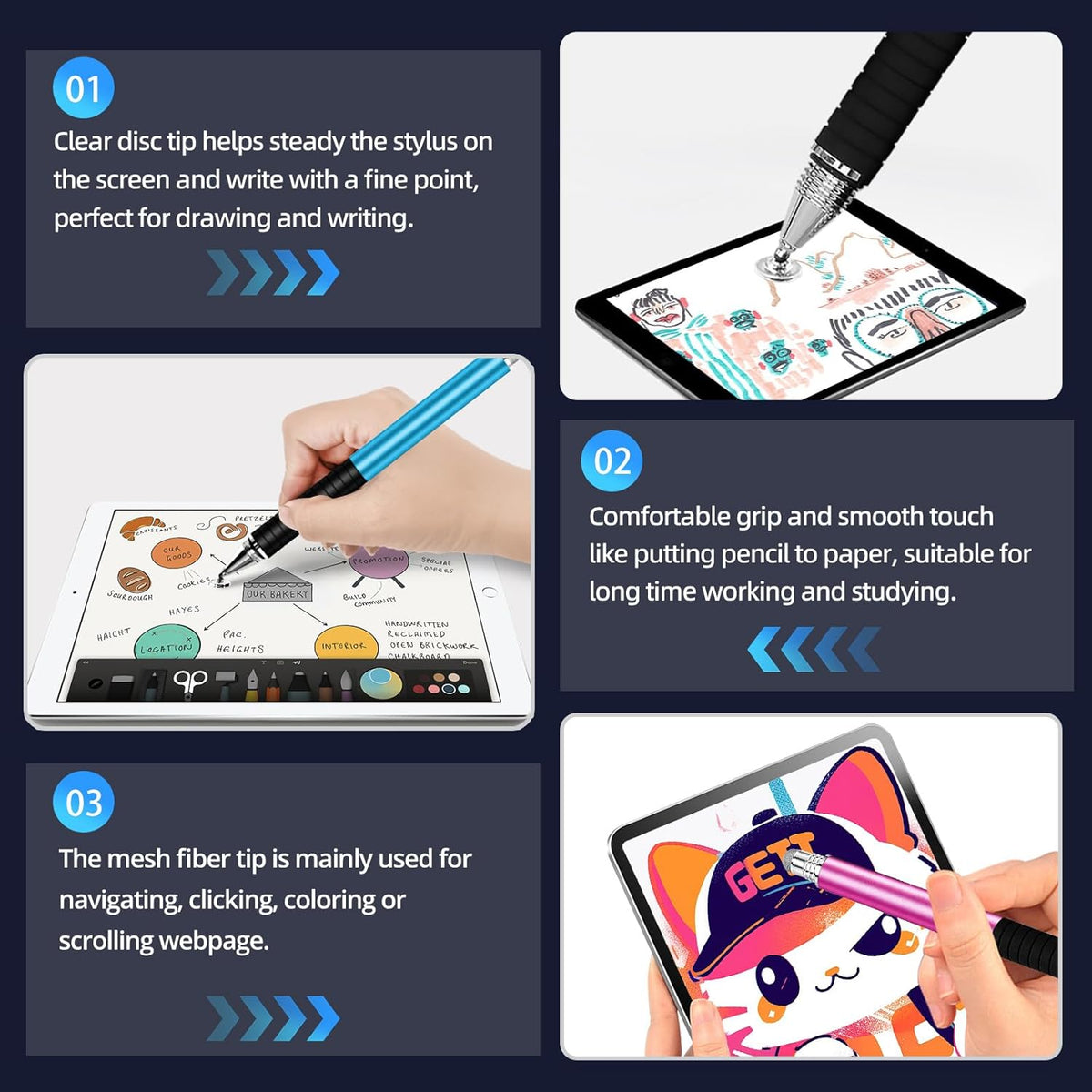 Capacitive Stylus Pen (4Pack,2 in 1 Precision Series), Fibre Tips Universal Touch Screens Stylist, Fine Point Disc Touchscreen Pencil Compatible for iPhone/iPad/Android/Tablet