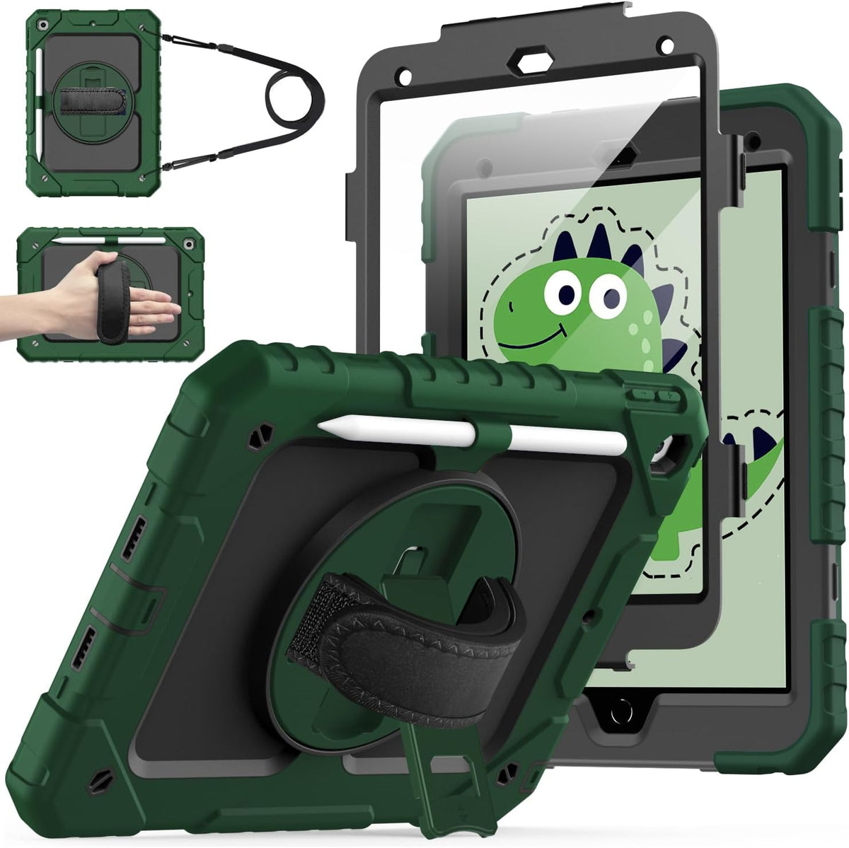Cantis Case for iPad 9th/8th/7th Generation with Screen Protector, iPad 10.2 Case 2021/2020/2019 with 360 Degree Rotating Stand/Shoulder Strap/Pencil Holder, Alpine Green