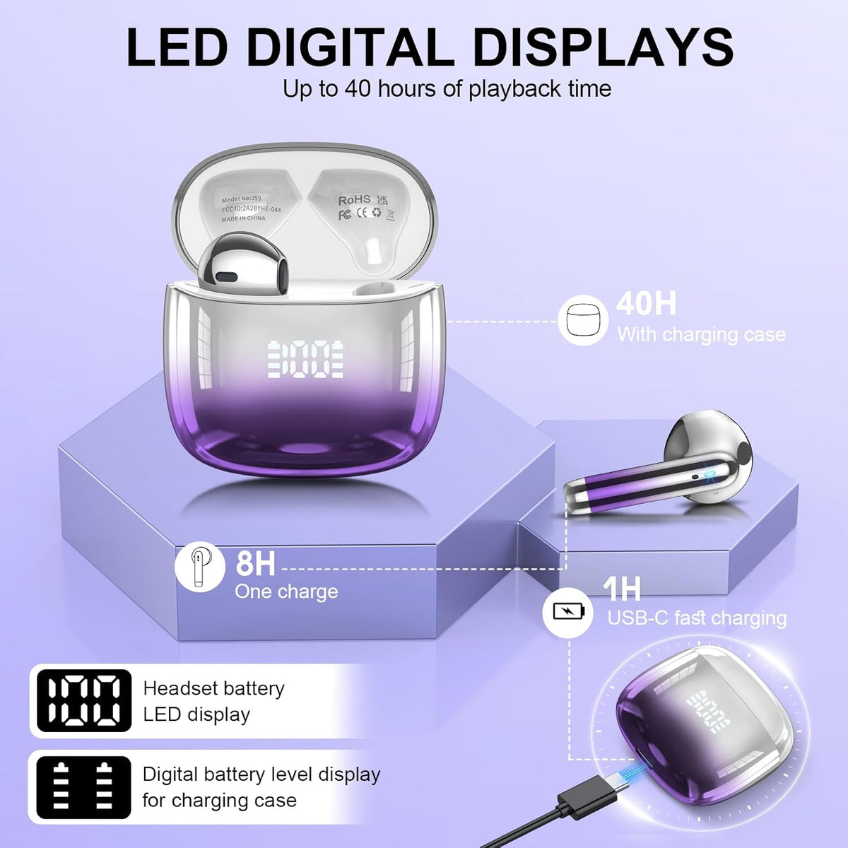 Wireless Earbuds, Bluetooth Headphones 48H Playtime Ear Buds with LED Power Display, IPX7 Waterproof Bluetooth 5.4 Earphones in-Ear Earbuds with 4 Mic for Android iOS Cell Phone Laptop, Purple