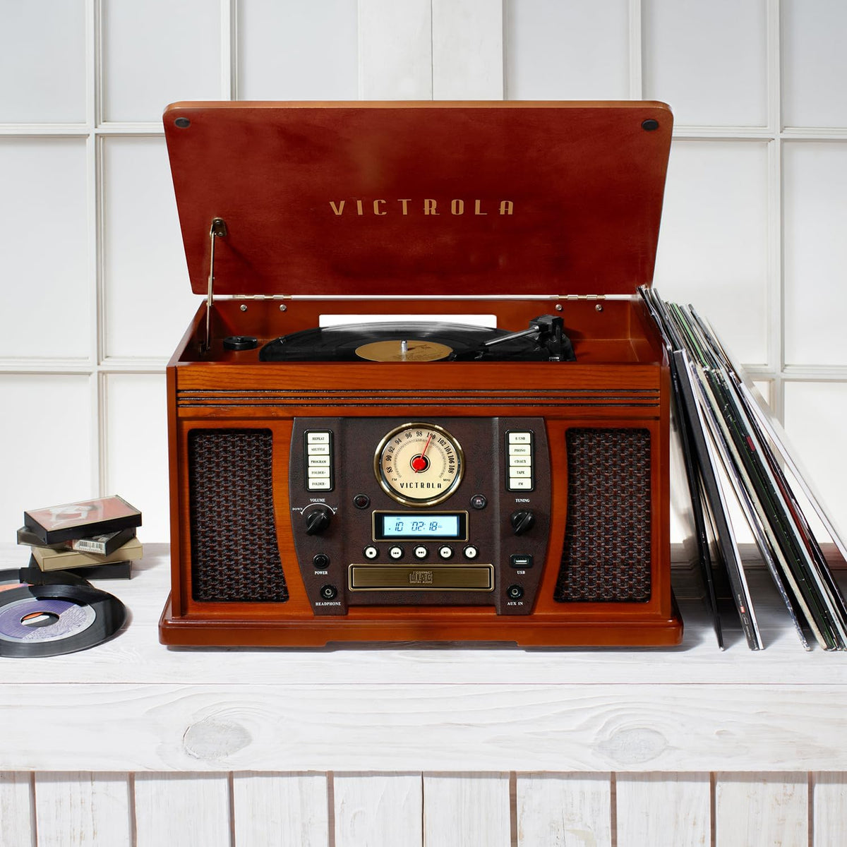 Victrola Aviator 8-in-1 Bluetooth Record Player & Multimedia Center with Built-in Stereo Speakers - 3-Speed Turntable, Vinyl to MP3 Recording, Wireless Music Streaming, Mahogany