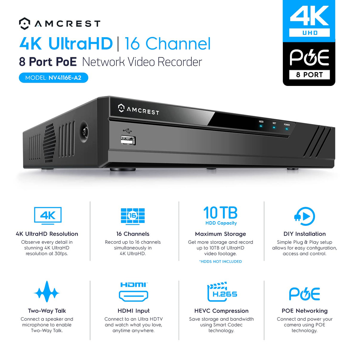 Amcrest 4K 16CH 8 Port PoE NVR (1080p/3MP/4MP/5MP/8MP) Network Video Recorder, 16CH (8-Port PoE) NVR - Supports up to 16 x 8-Megapixel IP Cameras