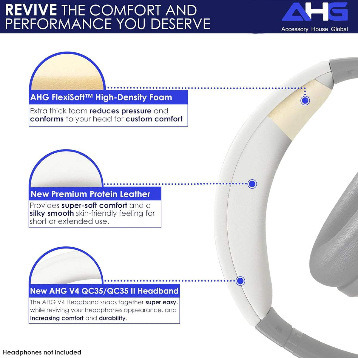 QC35 ii / QC35 Headband pad Cushion Cover. Compatible with Bose QuietComfort 35 / QC35 II Headphones (White). Easy Clip on Design | Premium PU | FlexiSoft High-Density Foam
