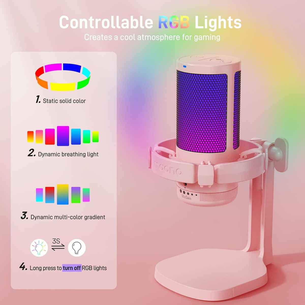 MAONO Gaming Microphone with Noise Cancellation, USB Condenser Mic for Streaming, Podcast, Twitch, YouTube, Discord, PC Desktop Computer Mic for PS5, GamerWave DGM20 Pink