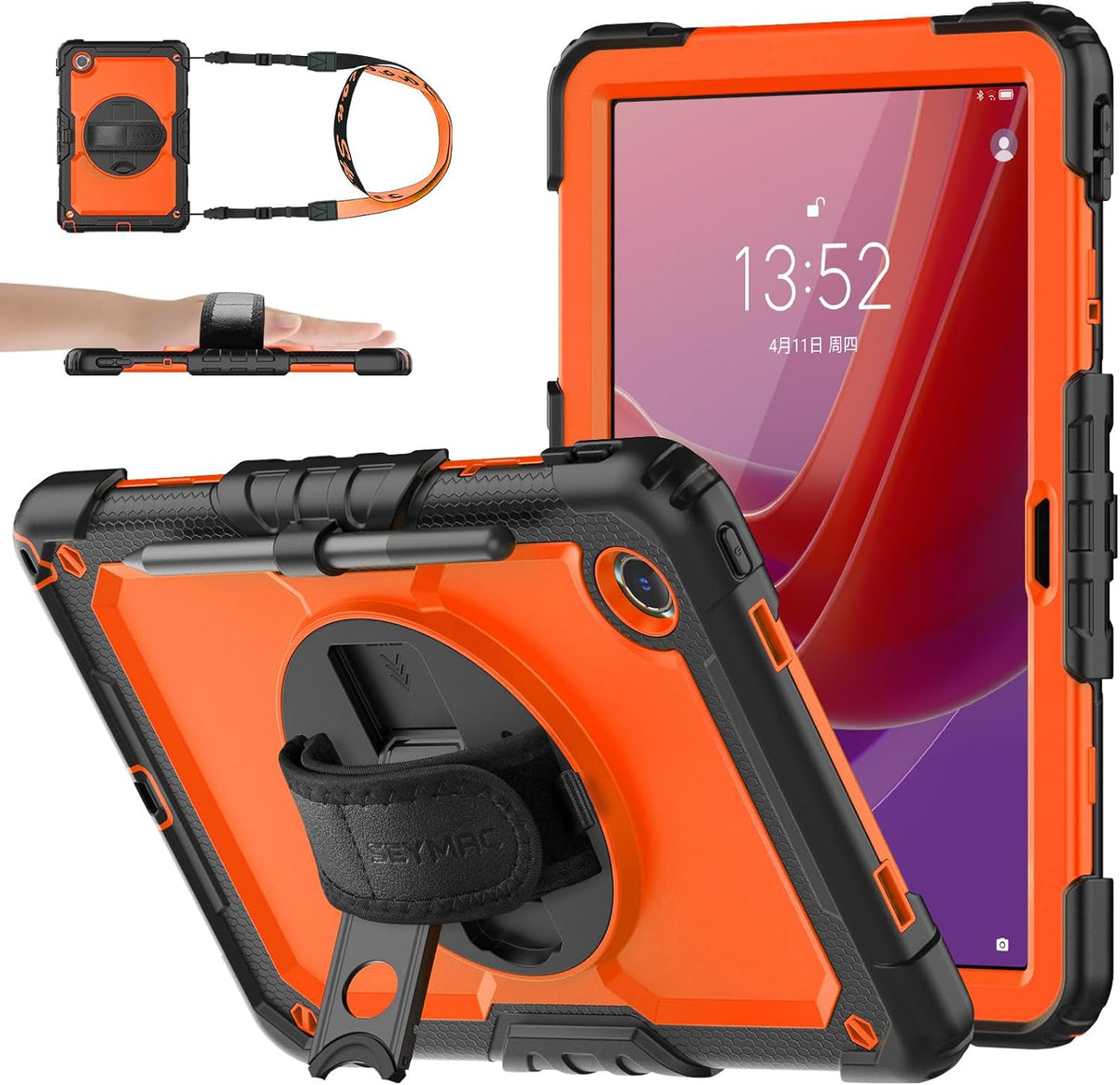 SEYMAC stock Tablet Case for Lenovo Tab M11 (TB-330FU/TB-330XU) 11 inch Drop-Proof Protection Cover with 360° Rotate Stand & Strap [Pen Holder] & Screen Protector/K11/Xiaoxin Pad 2024, Orange+Black