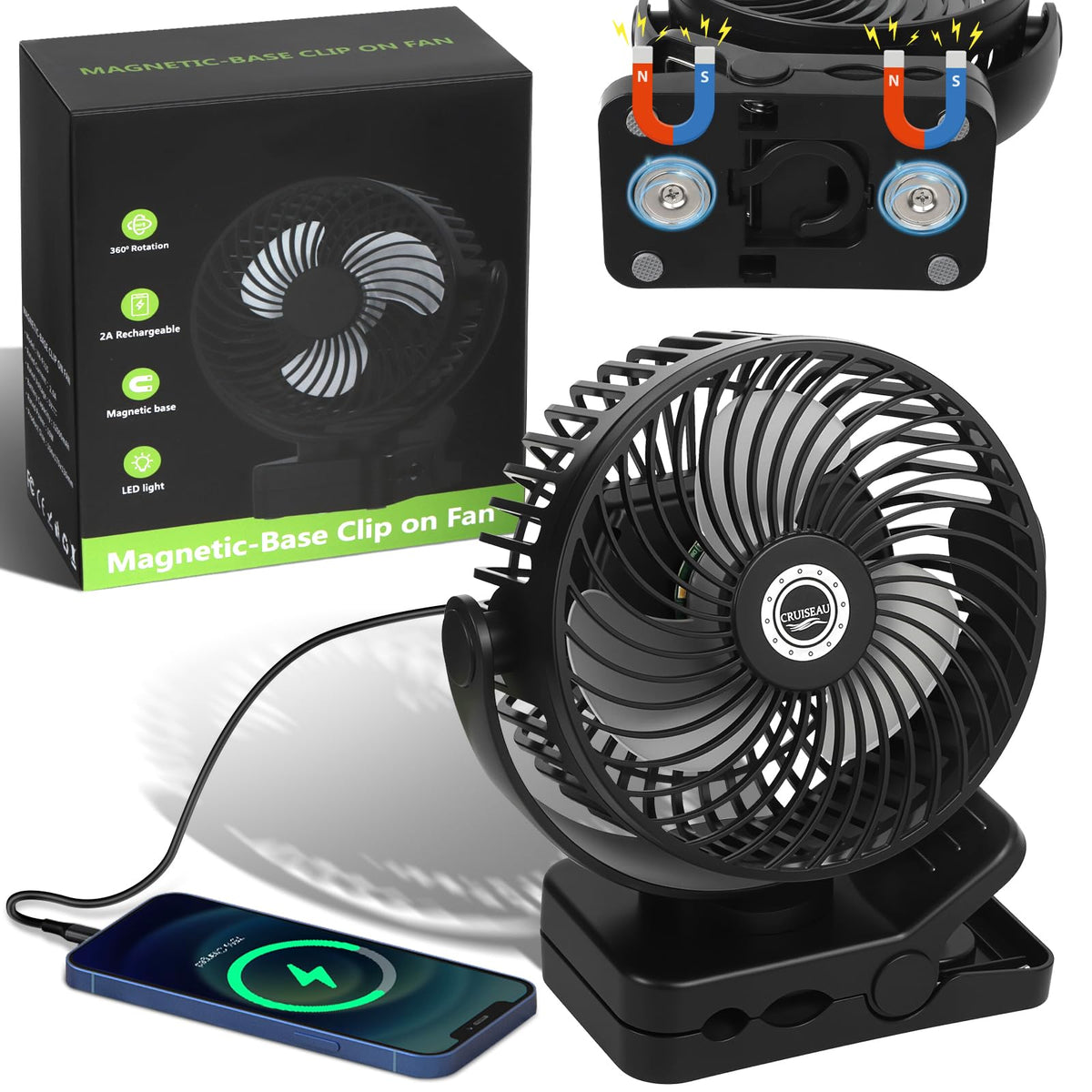6 inch Magnetic Cruise Fan with 12000mAh Rechargeable Battery, 3-Speed Control, LED Light, Timer, Clip & Power Output - Ship-App
