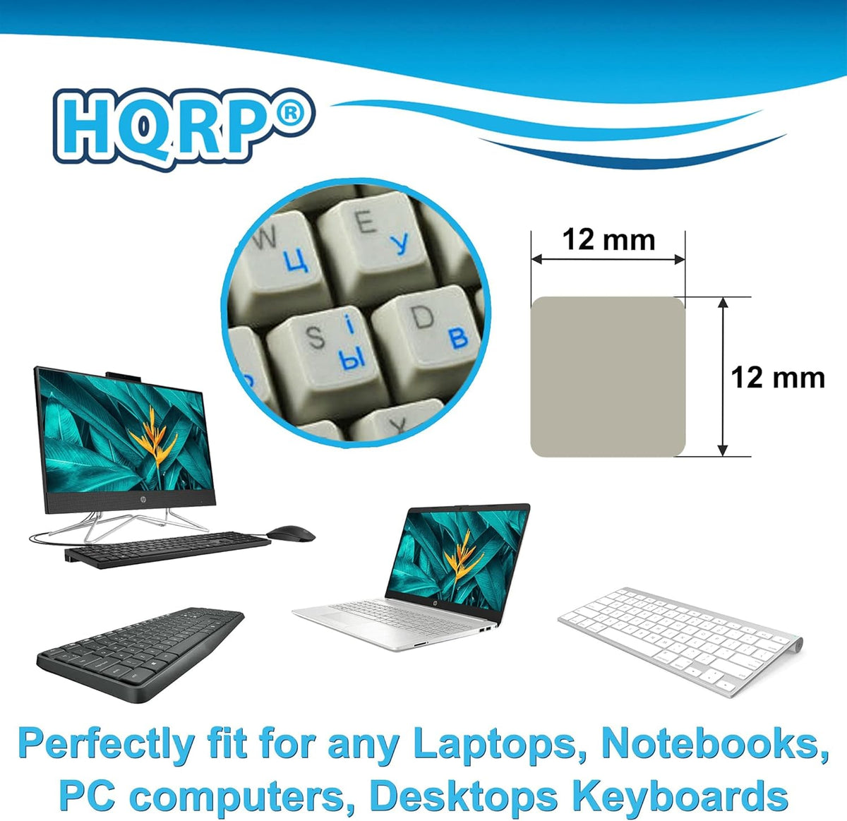 HQRP 2pcs Cyrillic Alphabet Ukrainian Russian Laminated Keyboard Stickers On Transparent Background with Blue Lettering