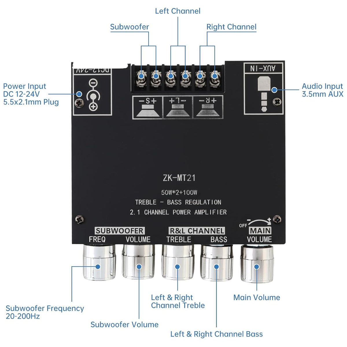 DiGiYes 2.1 50W 2+100W 12V-24V Bluetooth Power Amplifier Board with Subwoofer Channel x DC Audio Power Amplifier Module