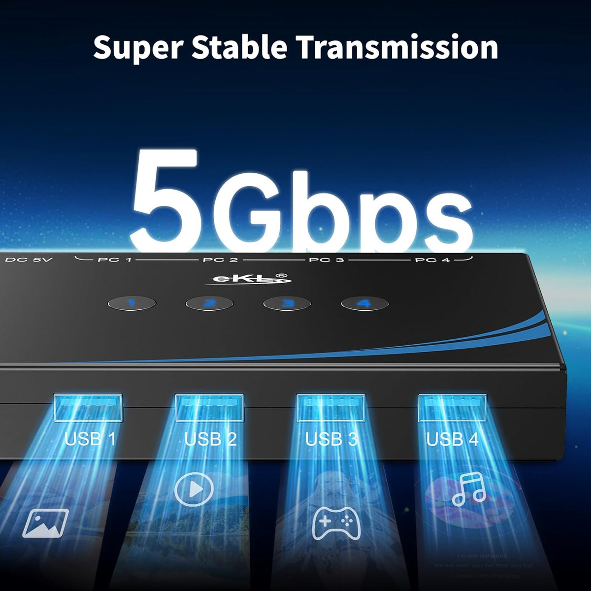eKL USB 3.0 Switch 4 Computers Share 4 USB 3.0 Ports USB Switcher for PC Laptop Mouse Keyboard Scanner Printer One Button Switch with 3.5mm Headphone Jack and 4 Pack Cables